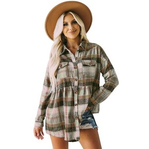 Coolmee Women's Plaid Shirts Long Sleeve Turn-Down Collar Button Down Tops Ruched Waisted Pleated Blouses with Pockets M Green - 1 of 4