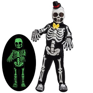 SYNCFUN Boys' Halloween Costume Glows in the Dark Skeleton Costume, Black Skelebones Jumpsuit, Bone Halloween Costume - 1 of 4