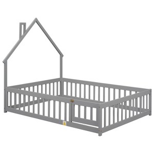 Full Size House Bed Frame with Fence Guardrail, Playful House Shape Safety Bed Platform for Kids Room, in Natural Wood, Grey & White - 1 of 4