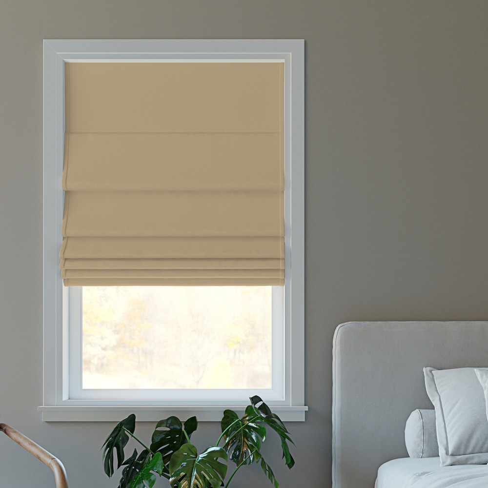 27"x64" Sun Zero Morin Velvet 100% Blackout Cordless Roman Shade Beige