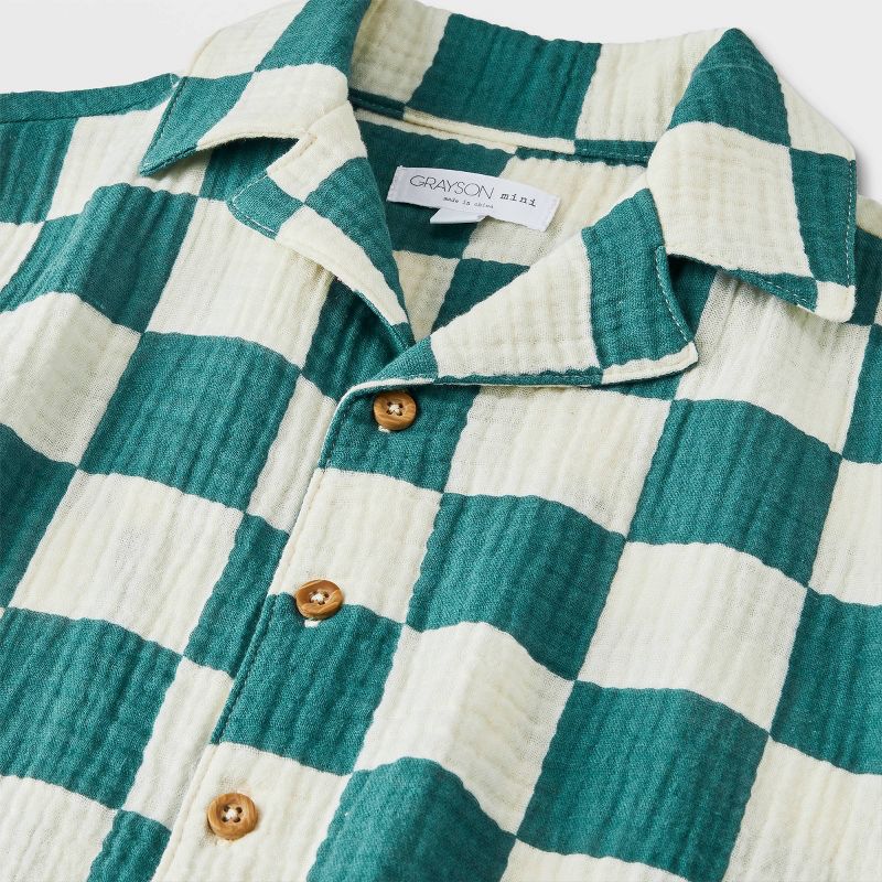Grayson Mini Toddler Boys' Short Sleeve Checkered Button-Down Shorts Set - Green, 3 of 9