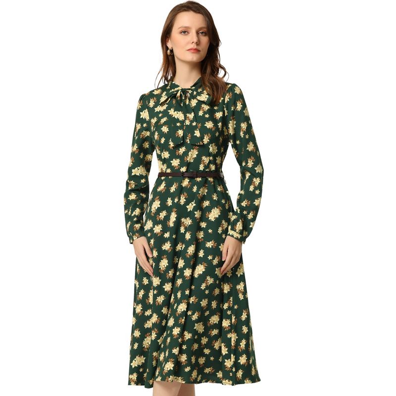 Allegra K Women's Floral Print Bow Tie Neck Long Sleeve Belted Casual Flowy Midi Dress, 3 of 6