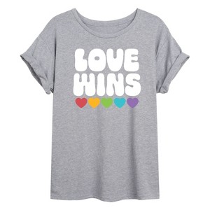 Women's - Instant Message - Love Wins Rainbow Hearts Oversized Graphic T-Shirt - 1 of 4