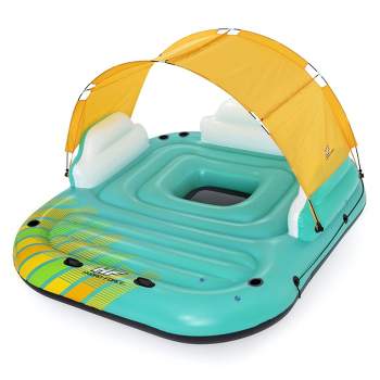 Bestway Hydro Force Sunny 5 Person Inflatable Large Floating Island Lake Water Lounge Raft with Cup Holders and Removable Sunshade, Green