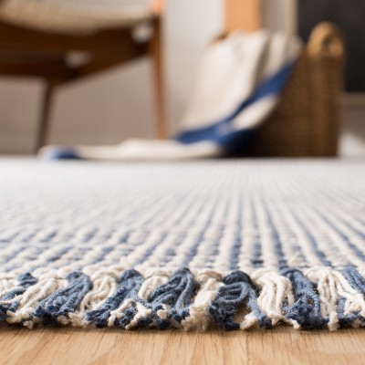 Ivory and Navy Handwoven Cotton Square Rug