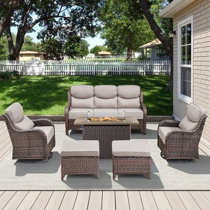 Belord All Weather Wicker Patio Furniture Set 6 Pieces, 6-INCH Extra Thick Cushion Outdoor Patio Firepit Set with Patio Sofa Swivel Chair and Ottoman - 1 of 4