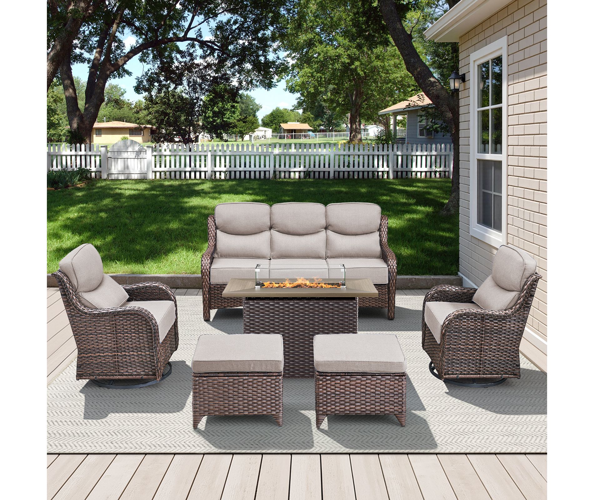 Belord All Weather Wicker Patio Furniture Set 6 Pieces, 6-INCH Extra Thick Cushion Outdoor Patio Firepit Set with Patio Sofa Swivel Chair and Ottoman