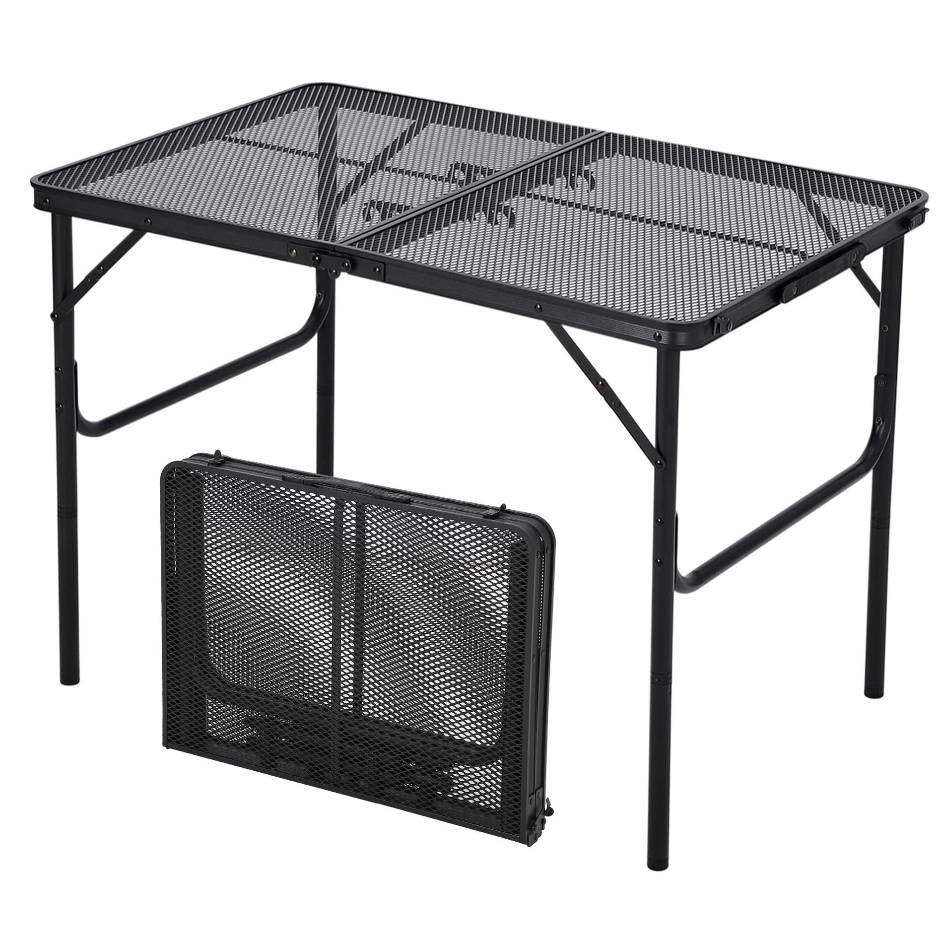 3x2FT Folding Grill Table, Portable Camping Table with Mesh Desktop, Height Adjustable Lightweight Metal Grill Table