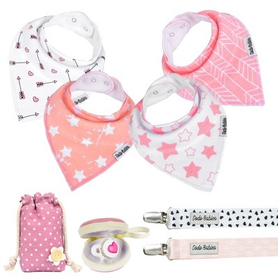 Dodo Babies Bandana Drool Bib Set - Four 100% Cotton Bibs with Soft Polyester Lining, 2 Pacifier Clips, Binky Case