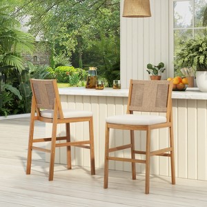 Scott Living Arly Green Outdoor Bar Stool Solid Acacia Wood and Woven Wicker, Set of 2 - 1 of 4