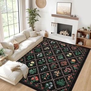 GustoWave Vintage Various sizes Floral Washbale Floor Cover Area Rug for Bedroom, Living Room, Black - 1 of 4