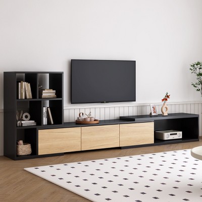 74.8''-126'' Sliding Extendable TV Stand with 3-Tier Bookshelves for 110 Inch TV,Entertainment Center for Living Room-Baofuwish