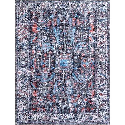 Black and Blue Rectangular Washable Chenille Area Rug