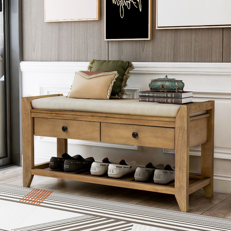 Entryway Storage Bench with Cushioned Seat, Shoe Rack and Drawers-ModernLuxe, 2 of 9
