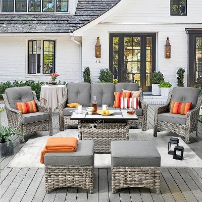 XIZZI 6 Pieces Furniture Set with Fire Pit Table, All Weather Wicker Furniture Set with 3-Seat Sofa and Ottomans, Rattan Conversation Set