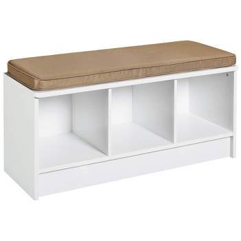 ClosetMaid 3 Cube Cubby Storage Organizer Bench Home Accent Furniture with Seat Cushion for Entryway, Hallway, or Mud Room, White/Tan