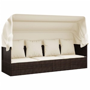 vidaXL Patio Lounge Bed with Roof & Cushions - Poly Rattan Outdoor Furniture, Adjustable Recliner, Brown/Cream White - 1 of 4