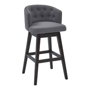 30" Celine Fabric Wood Swivel Tufted Barstool Gray - Armen Living: Espresso Finish, Nailhead, 360-degree Swivel - 1 of 4