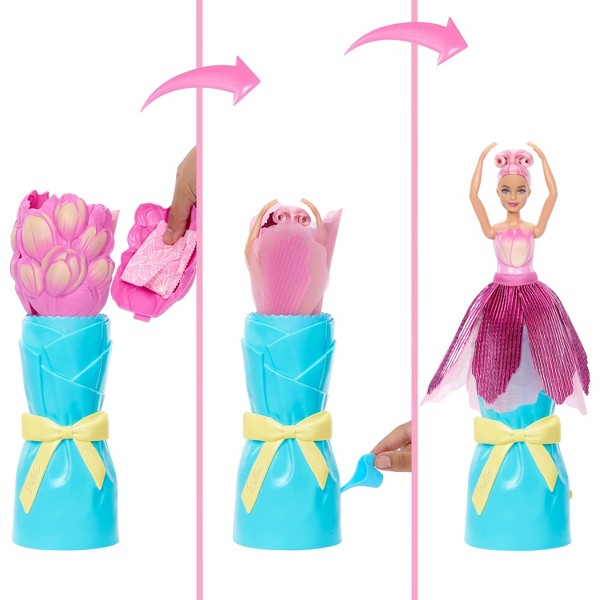 Muñeca de moda Barbie Petal Pop con aroma, vestido rosa de tulipán y accesorios sorpresa como conejito y más 3