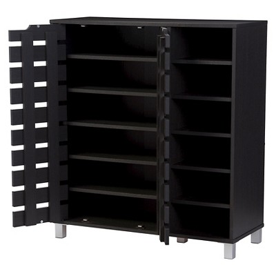 Shirley Dark Brown Wood and Metal 2-Door Shoe Cabinet with Open Shelves