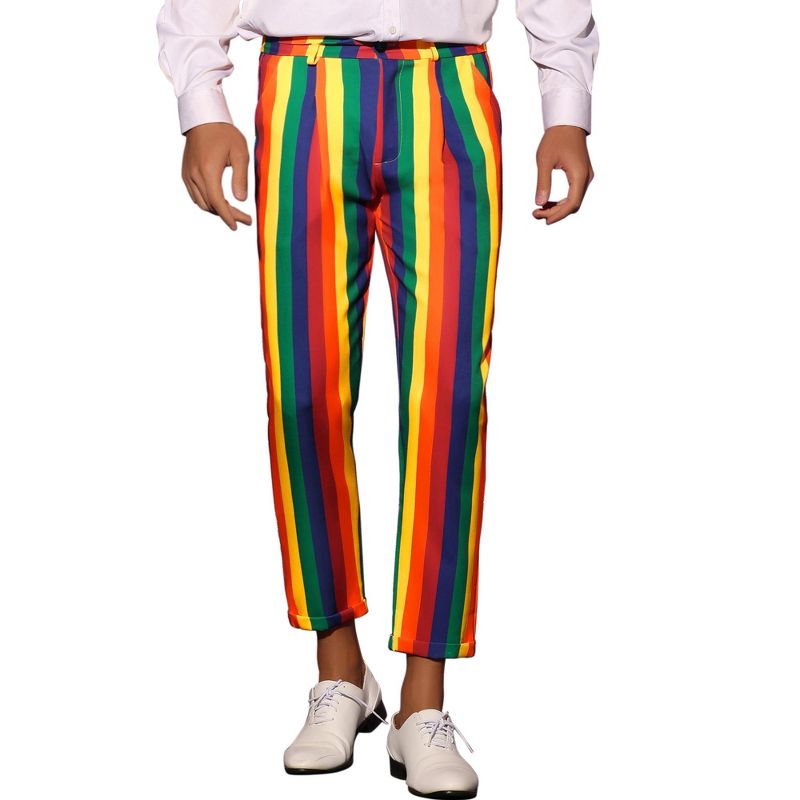 Lars Amadeus Men's Regular Fit Flat Front Cropped Rainbow Striped Pants, 1 of 6