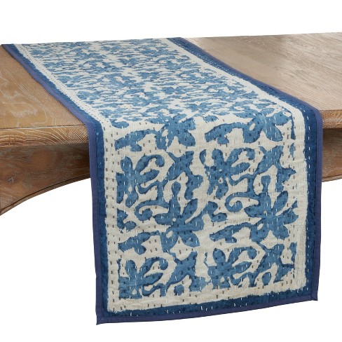 blue table runner with gold snowflakes