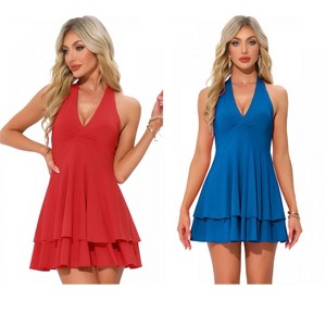 INSPIRE CHIC Women's Halter Party Deep V Neck Backless Layer Mini Dress 2 Packs - 1 of 4