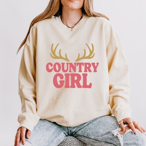 Country Girl Antlers Puff Print - Womens Lightweight Garment Dyed Sweatshirt - 1 of 3