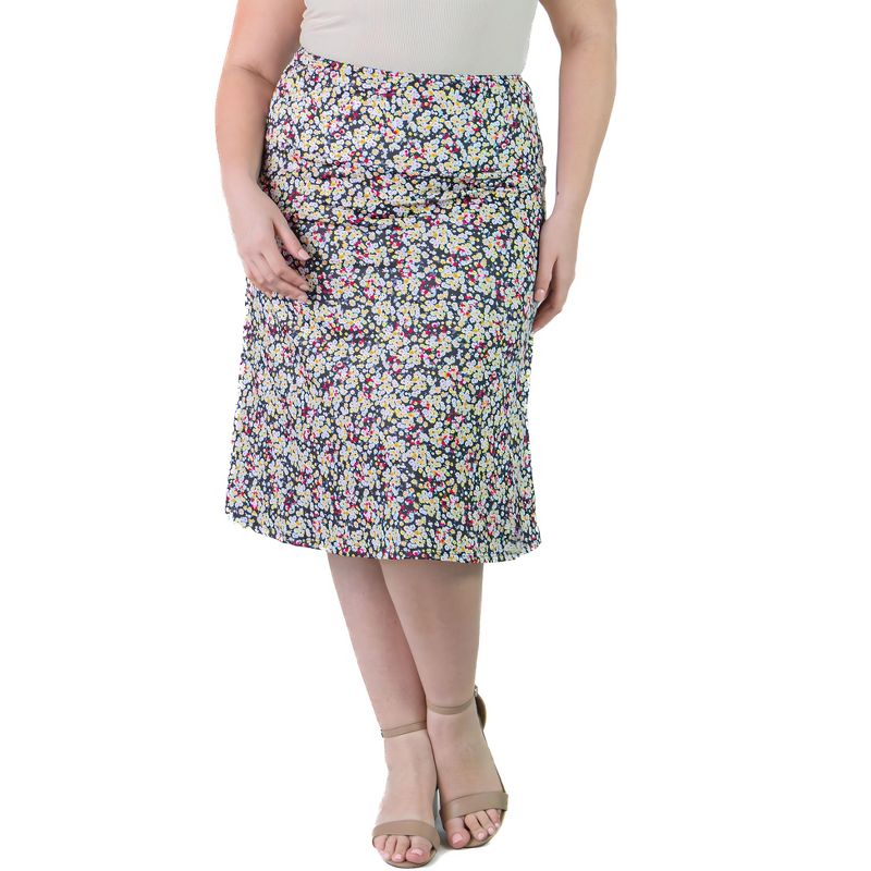Plus Size Knee Length Floral Print Elastic Waistband Skirt, 4 of 7