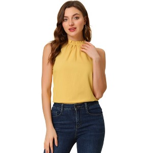 Allegra K Women's Sleeveless Frill Mock Neck Ruffle Chambray Blouse - 1 of 4