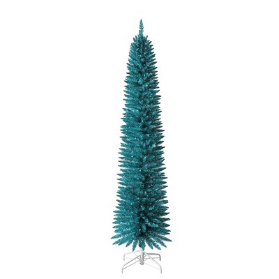 Evergreen Classics 7 Foot Pre Lit Light Blue Pencil Pine Artificial Christmas Tree with 150 Warm White LED Lights and Metal Stand