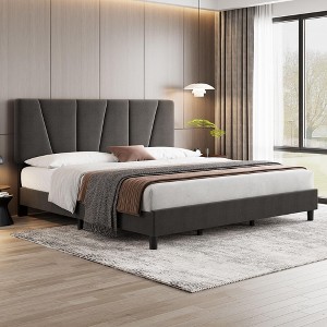 Bed Frame with Adjustable Headboard, Linen Upholstered Platform Bedframe with Strong Wooden Slats - 1 of 4