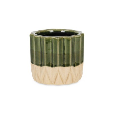 Cheung's Cadeon Blossom Design Round Ceramic Pot with Textured Base- Small - Dark Green
