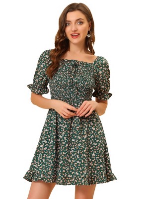 Allegra K Women's Square Neck Puff Sleeve Smocked Floral Ruffled Hem Dress