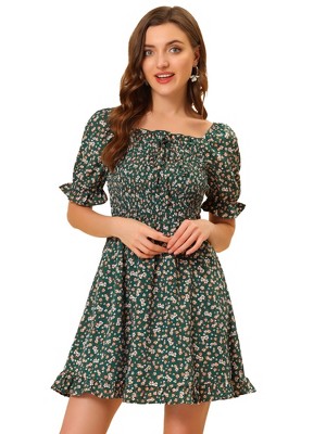 Allegra K Women's Square Neck Puff Sleeve Smocked Floral Ruffled Hem Dress  Dark Green Large : Target