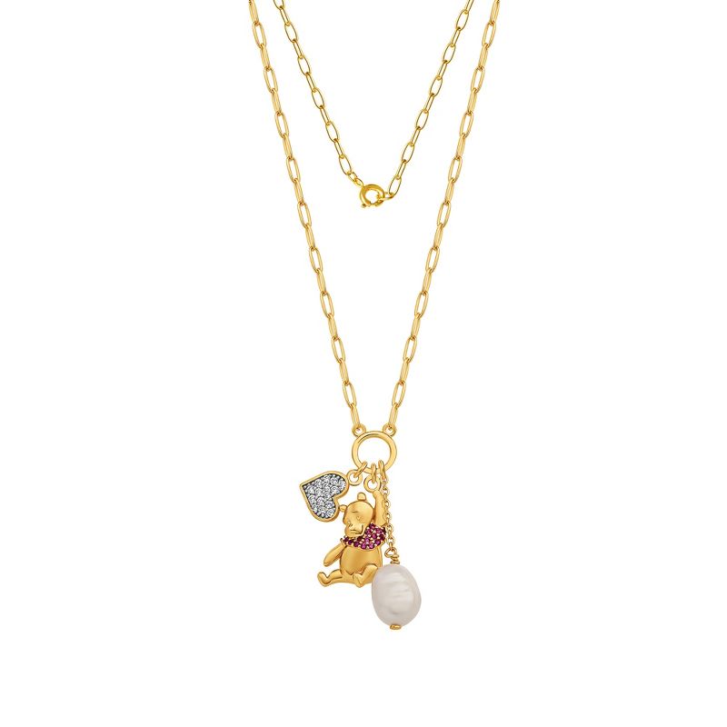 Disney Winnie the Pooh 18K Gold-Plated with Cubic Zirconia Heart, Freshwater Pearl, and Winnie the Pooh Charm Necklace, 3 of 5