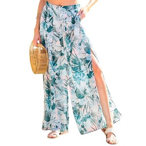 Slickblue Women's Tropical Print Pants, Back Elastic Waist, Side Slit, Pockets, Pleated, Teal Color, Size S-L - 1 of 4