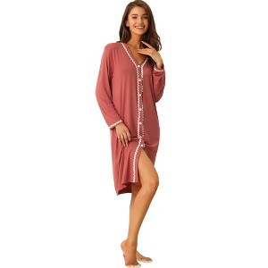 cheibear Women's Button Down V Neck Long Sleeve Pajama Nightshirt Dress - 1 of 4