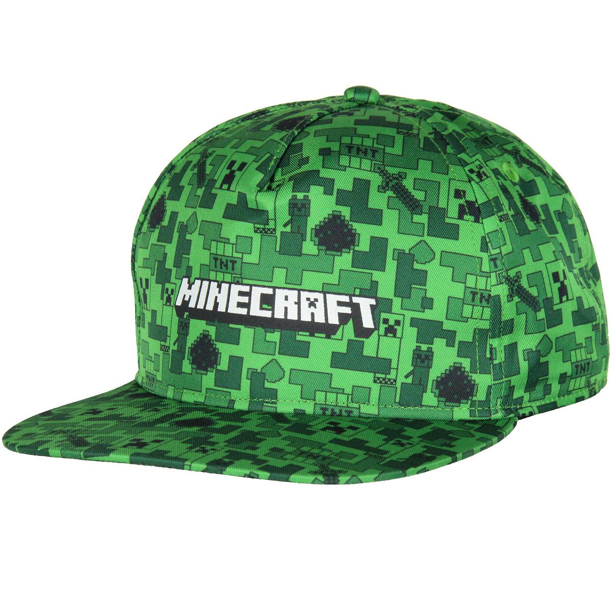 Minecraft Creeper Face AOP Youth Flat Bill Snapback OSFM Cap Hat Green