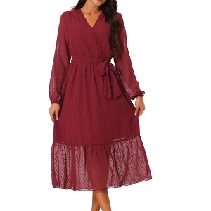 Seta T Women's Swiss Dots Maxi Long Sleeve V Neck Boho High Waisted A-Line Dress - 1 of 4