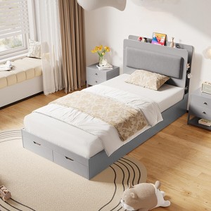 Bed for Kids,Twin Size Wood Bed Frame with Upholstered Headboard, Bed Frame with Storage Drawers, with 4 Open Storage Shelves - 1 of 4