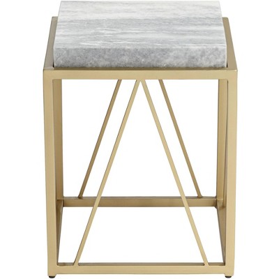 Gold and White Marble Square Accent Table with Geometric Metal Frame