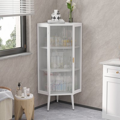 22.25'' Floor Coner Cabinet,Three Tiers with Tempered Glass Doors and Storage Shelves
