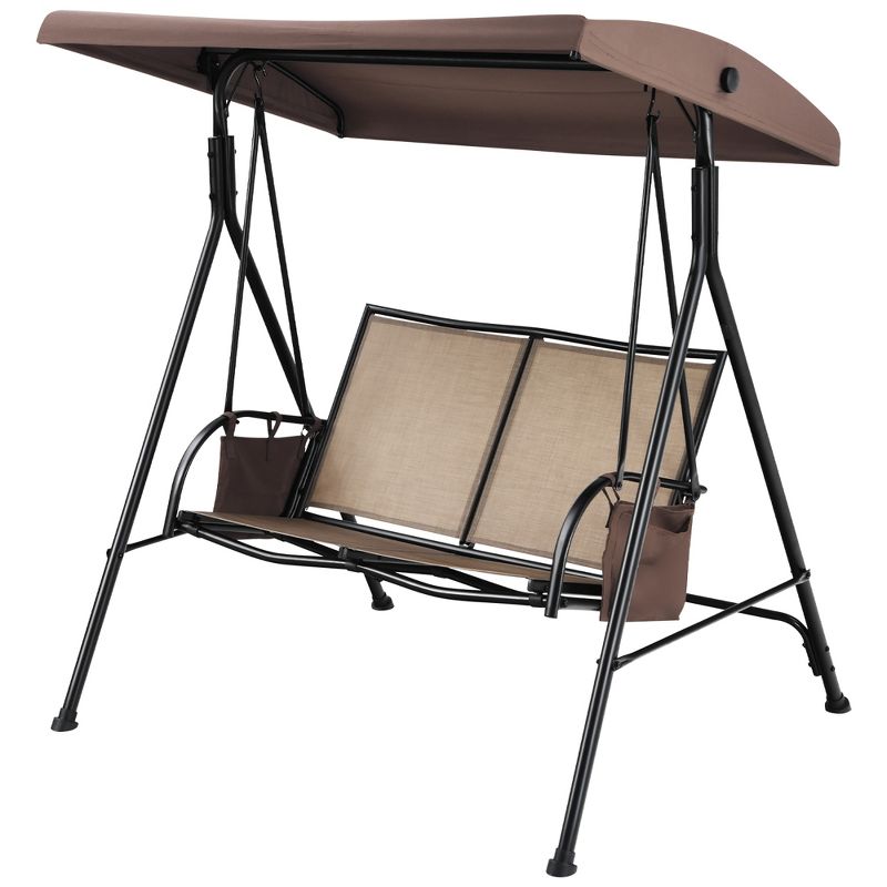Costway 2 Seat Patio Porch Swing with Adjustable Canopy Storage Pockets  Brown, 2 of 11