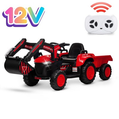 3-in-1 Ride-On Kids Excavator with Remote Control, 12V Electric Car Toy with LED Lights, Bluetooth Music, Digger and Trailer