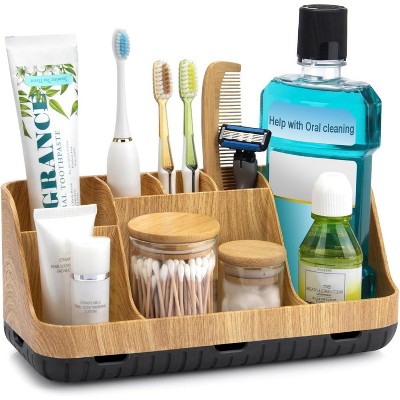 ATTOP Detachable 7 Slots Kids Toothbrush and Toothpaste Holde Drainage for Bathroom Accessories Organization Counter Vanity Storage, Wood