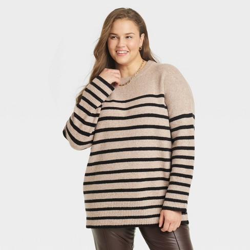 Women's Crewneck Tunic Pullover Sweater - A New Day™ Cream/black Striped Xs  : Target