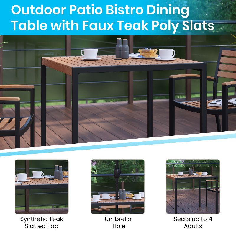 Emma and Oliver 3 Piece Patio Table Set - Synthetic Teak Poly Slats - 35" Square Steel Framed Table with 2 Faux Teak Stackable Chairs, 6 of 14