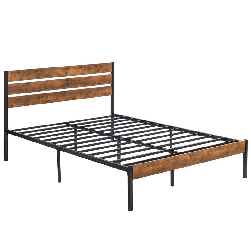 VECELO Platform Bed Frame with Rustic Vintage Wood Headboard and Footboard, Sturdy Metal Slats, No Box Spring Required, 1 of 11