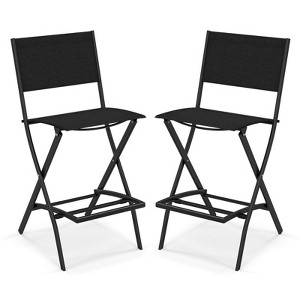 Tangkula Folding Bar Stools Set of 2 Patio Sling Chairs w/ Backrest Humanized Footrest Black - 1 of 4
